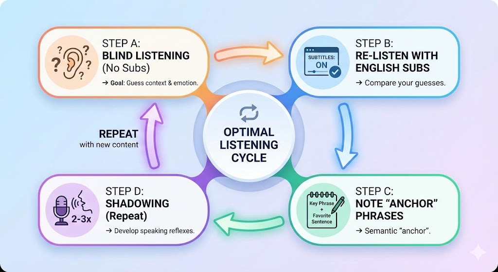 Hình 3: Vòng lặp 4 bước luyện nghe Tiếng Anh